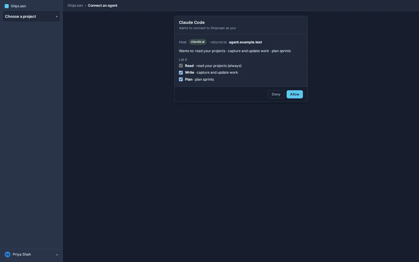 ShipLean's consent page, dark