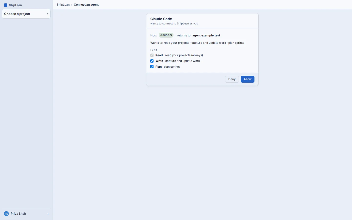 ShipLean's consent page: Claude Code wants to connect as you, with read, write and plan scopes to allow or deny