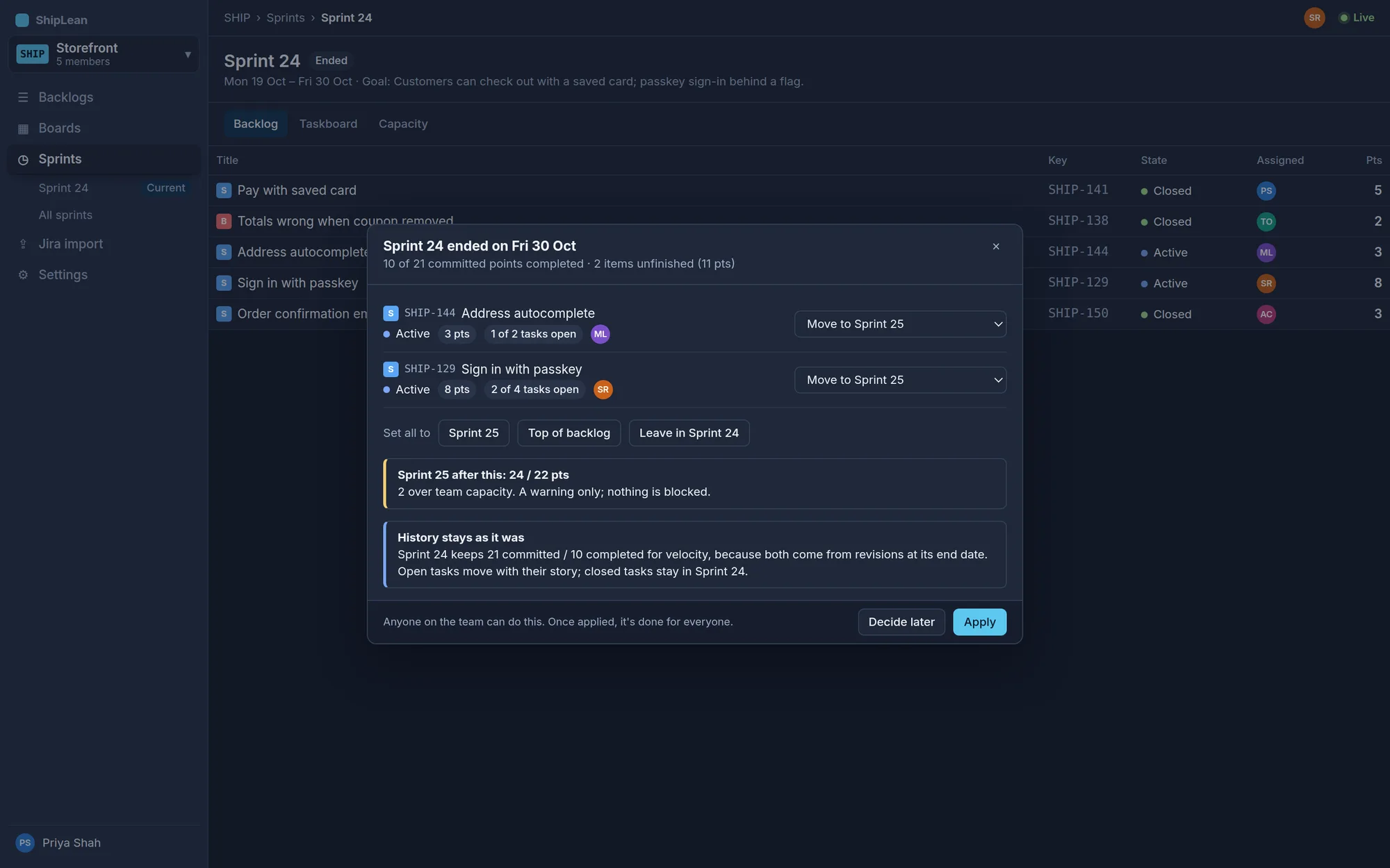 Sprint end dialog, dark