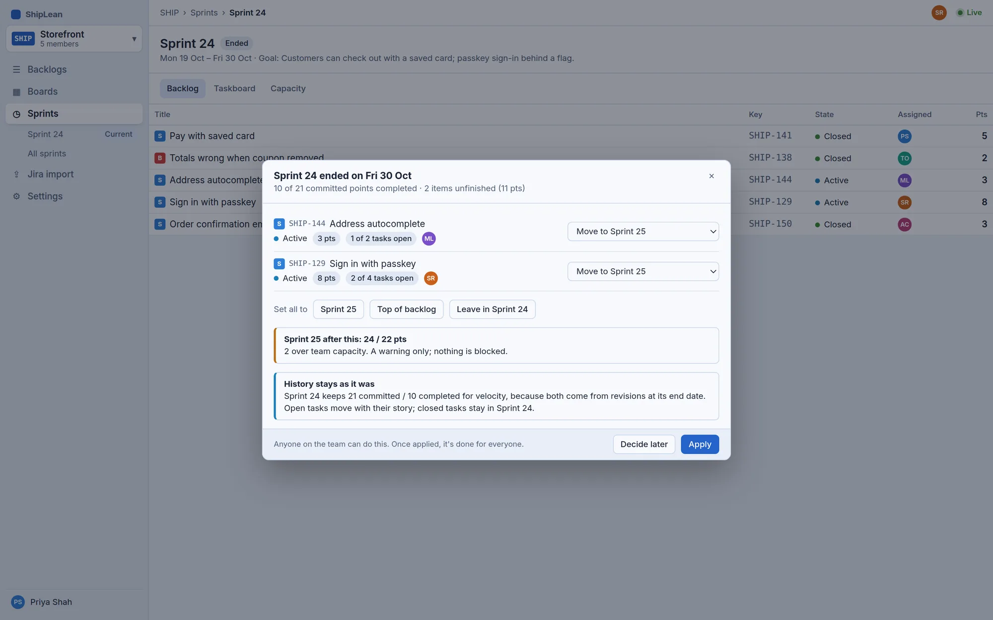 Sprint end dialog moving two unfinished stories to the next sprint