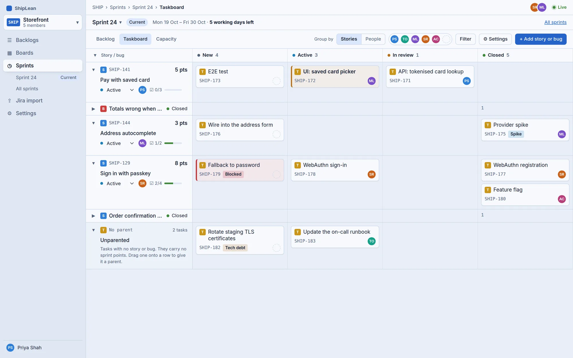 ShipLean Taskboard screen